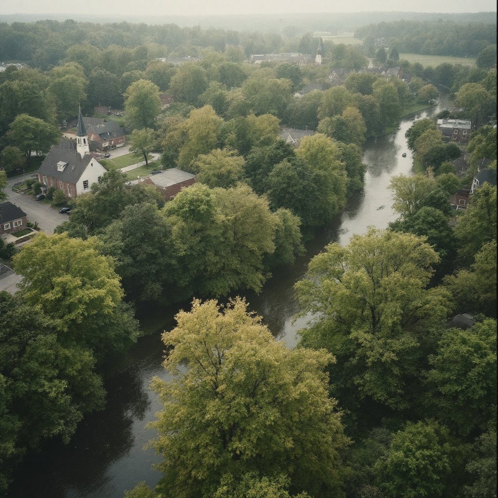 Tree canopy and rooftops around Brownsburg, Indiana from above