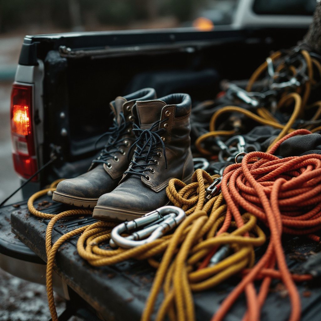Rigging and saw gear staged before a storm cleanup