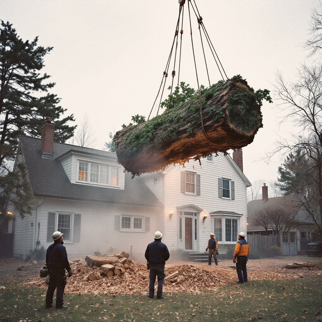 Rigged tree removal in progress over a Boone County home