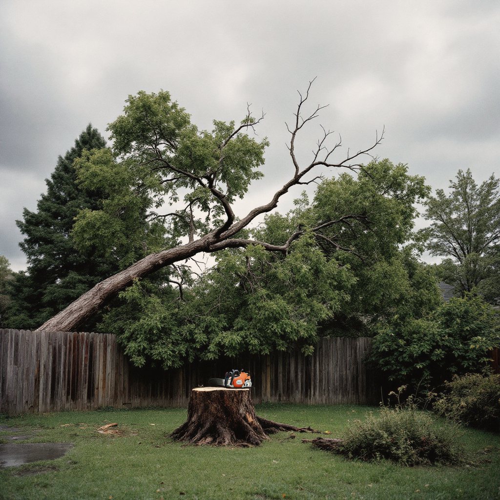 Storm-split maple with a limb down across a backyard fence